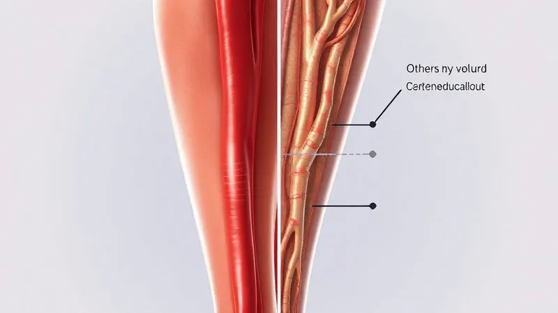 A photorealistic cross-section illustration of a human leg, showing veins with healthy blood flow on one side and congested, swollen veins on the other, with subtle arrows indicating gravitational pull. Professional medical illustration style, 8K, sharp focus, cinematic lighting.