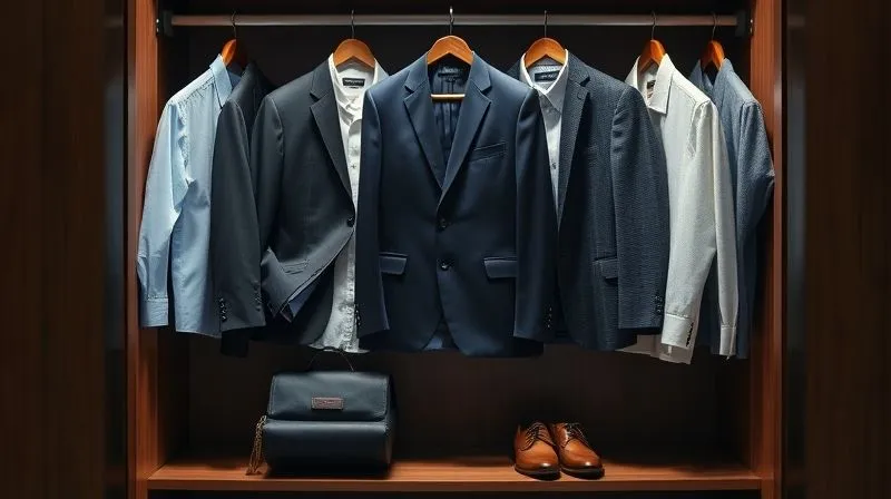 Photorealistic, professional photography, 8K, cinematic lighting, sharp focus, depth of field, shot on a high-end DSLR. A meticulously organized men's capsule wardrobe displayed in an open closet, featuring tailored navy blazer, charcoal trousers, crisp white and light blue shirts, fine-gauge merino sweaters, and smart leather shoes. The items are neatly folded or hung, conveying elegance and functionality.
