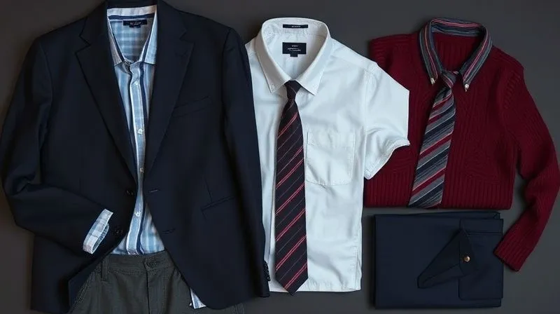 Photorealistic, professional photography, 8K, cinematic lighting, sharp focus, depth of field, shot on a high-end DSLR. A perfectly arranged flat lay of contemporary men's professional clothing items in a cohesive color palette: a navy blazer, charcoal trousers, a crisp white shirt, a light blue shirt, a fine-gauge burgundy merino sweater, and a subtle striped tie. The colors are rich and harmonious, conveying sophistication.