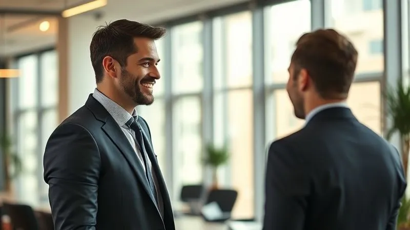 Photorealistic, professional photography, 8K, cinematic lighting, sharp focus, depth of field, shot on a high-end DSLR. A confident businessman with a warm, genuine smile, dressed in a contemporary tailored suit, engaging in a conversation in a modern, sunlit office. His posture is open and inviting, conveying both authority and authenticity. The focus is on his expressive face and the subtle texture of his suit jacket.