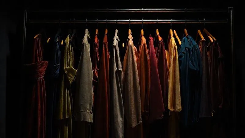 A photorealistic scene showing theatrical costumes (velvet gowns, silk tunics) neatly hung in garment bags on a rack inside a dark, climate-controlled costume storage room. Soft, controlled light highlights the rich colors of the fabrics within the bags. Professional photography, 8K, cinematic lighting, sharp focus on the costumes, depth of field blurring the background, shot on a high-end DSLR.