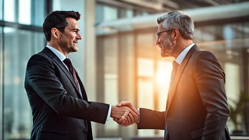 A photorealistic, professional photography, 8K, cinematic lighting, sharp focus, depth of field, shot on a high-end DSLR, of two businessmen shaking hands in a modern, sunlit office. One man is impeccably dressed in a dark, tailored suit, exuding confidence and professionalism, while the other's attire is slightly less polished, creating a subtle visual contrast in their perceived authority.