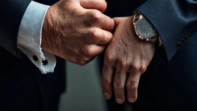 A photorealistic, professional photography, 8K, cinematic lighting, sharp focus, depth of field, shot on a high-end DSLR, subtly contrasting two men's hands in a close-up. One hand features a perfectly tailored suit cuff, a classic watch, and impeccably groomed nails. The other hand shows a slightly frayed cuff, a cheap, plastic watch, and less groomed nails, subtly highlighting the impact of attention to detail on perceived professionalism.