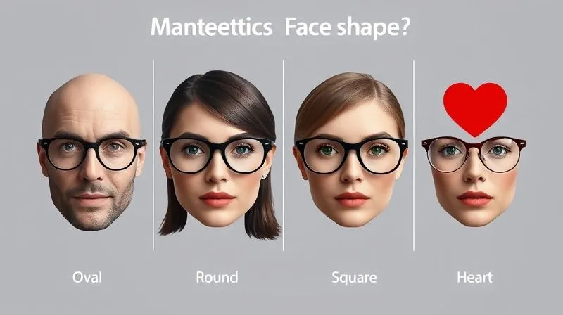 A photorealistic infographic illustrating different face shapes (oval, round, square, heart) with corresponding ideal eyewear frame styles next to each, professional photography, 8K, cinematic lighting, sharp focus, depth of field, shot on a high-end DSLR.