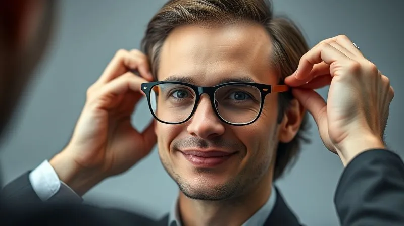 A professional headshot photographer adjusting the lighting around a confident subject wearing sleek, well-chosen prescription glasses, ensuring no glare. The subject is looking directly at the camera with a warm, professional expression. Photorealistic, professional photography, 8K, cinematic lighting, sharp focus on the subject's face and glasses, depth of field blurring the background, shot on a high-end DSLR.