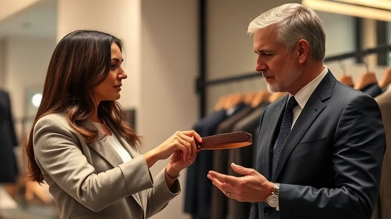 A photorealistic, professional photography shot of a luxury fashion stylist confidently presenting a sustainable luxury belt to a sophisticated high-end client. The client is engaged, looking at the belt with interest. Soft, elegant studio lighting, sharp focus on the interaction and the belt, depth of field blurring the background. 8K hyper-detailed.