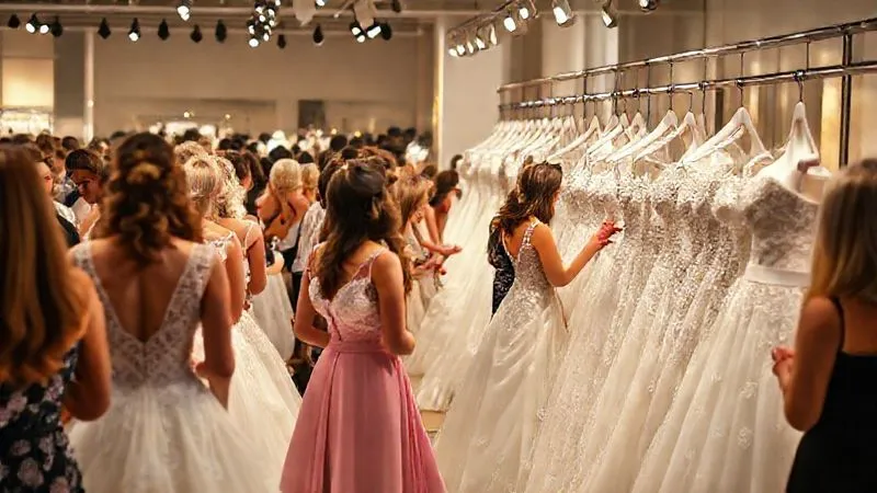 photorealistic, professional photography, 8K, cinematic lighting, sharp focus, depth of field, shot on a high-end DSLR. A bustling, elegantly organized bridal sample sale event, with brides enthusiastically trying on gowns under soft, warm spotlights. Mannequins display beautifully accessorized gowns, and staff are attentively assisting customers. The atmosphere is energetic and luxurious, despite the clearance context.