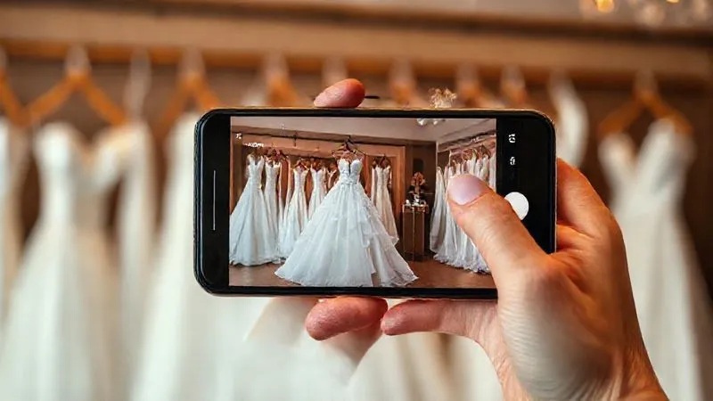 photorealistic, professional photography, 8K, cinematic lighting, sharp focus, depth of field, shot on a high-end DSLR. A dynamic and engaging social media campaign mock-up on a smartphone screen, featuring a short video of a bridal gown transformation. A "before" shot of a classic gown transitions to an "after" shot with modern styling and accessories, all within a vibrant, elegant bridal boutique setting. The screen is held by a manicured hand, with a softly blurred background of wedding dresses.