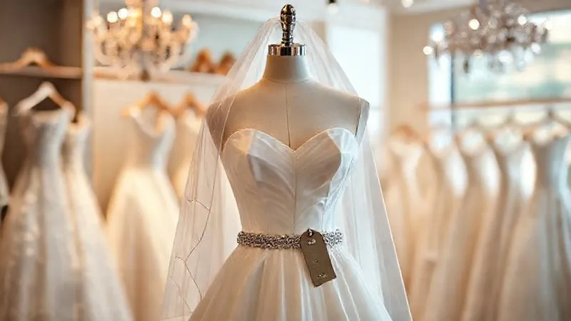 photorealistic, professional photography, 8K, cinematic lighting, sharp focus, depth of field, shot on a high-end DSLR. A beautifully arranged bridal boutique display showcasing a bundled offer: an elegant wedding gown on a mannequin, accompanied by a luxurious veil and a sparkling belt, with a subtle "Special Package" tag. The lighting is soft and inviting, highlighting the value proposition.
