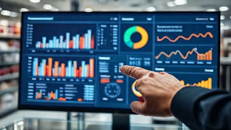photorealistic, professional photography, 8K, cinematic lighting, sharp focus, depth of field, shot on a high-end DSLR, a modern retail analytics dashboard displayed on a sleek monitor, showing detailed bar charts of sales by product category, pie charts of inventory age, and line graphs of markdown percentages, with a person's hand pointing at a specific data point, conveying analysis and insights.