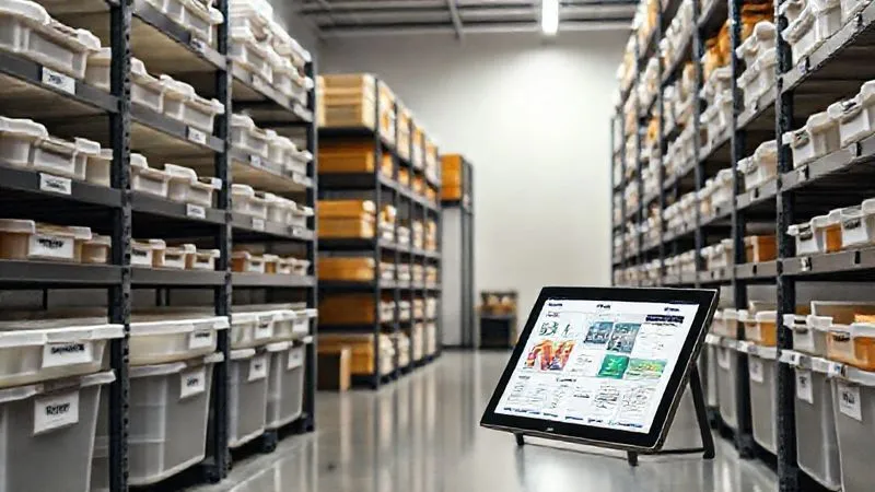 photorealistic, professional photography, 8K, cinematic lighting, sharp focus, depth of field, shot on a high-end DSLR, a modern, minimalist inventory storage room with clear, labeled bins and shelves, a tablet showing a digital inventory management system, conveying efficiency, organization, and forward planning for next season.