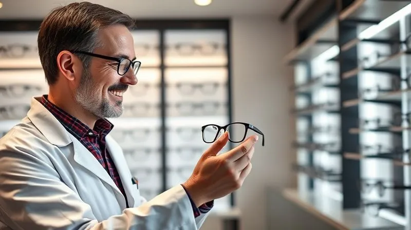 A photorealistic image of an optometrist, wearing a stylish lab coat, gently guiding a patient's hand to feel the quality of a premium eyeglass frame in a well-lit, modern optical shop. The patient is engaged, smiling, and listening intently. Professional photography, 8K, cinematic lighting, sharp focus, depth of field, shot on a high-end DSLR.