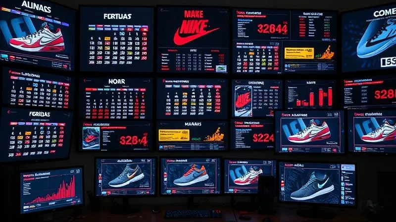 A photorealistic shot of a multi-screen setup displaying various sneaker release calendars and stock alerts, glowing with dynamic data. Professional photography, 8K, cinematic lighting, sharp focus, depth of field, shot on a high-end DSLR.
