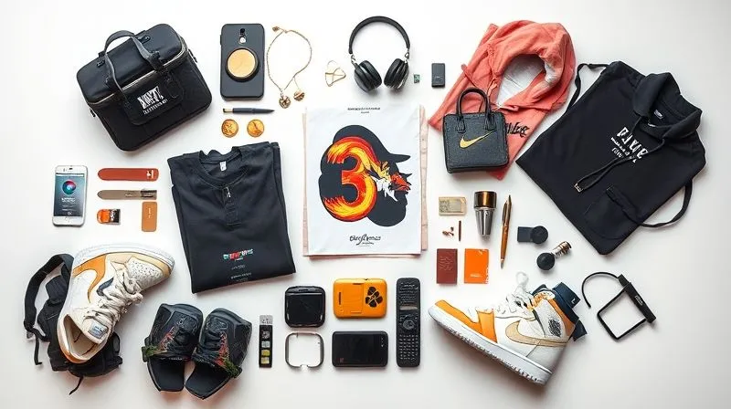 A photorealistic flat lay of various high-value hypebeast items, including rare sneakers, streetwear apparel, and accessories, arranged aesthetically on a minimalist surface, suggesting a curated collection and diversified investment. Professional photography, 8K, cinematic lighting, sharp focus, depth of field, shot on a high-end DSLR.
