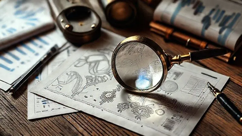 A photorealistic image of a vintage magnifying glass hovering over intricate jewelry design sketches on a weathered wooden table, surrounded by trend reports and market analysis charts, with soft, directional lighting highlighting the details, 8K, professional photography.