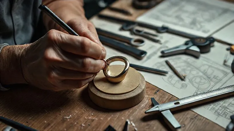 A close-up, photorealistic image of a jeweler's hands meticulously filing a wax model of a ring, with various tools, calipers, and rough sketches scattered on a workbench, showcasing the iterative process of jewelry design, cinematic lighting, 8K, professional photography.