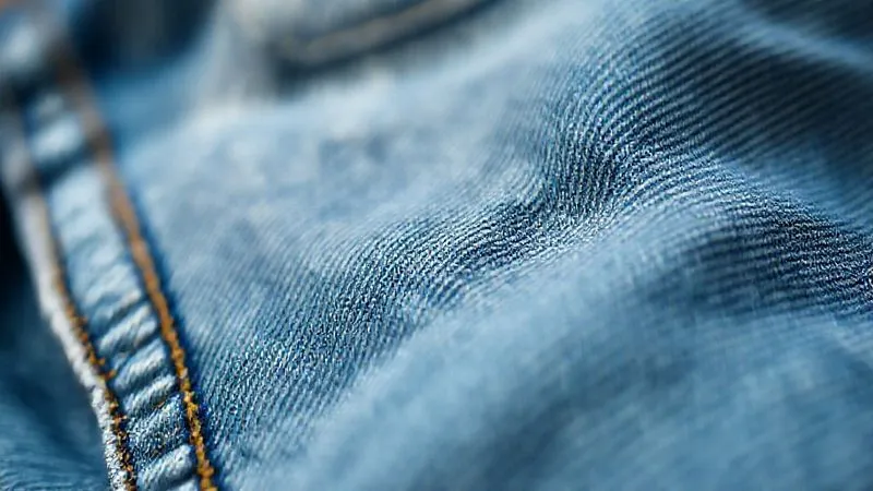 A close-up, photorealistic image of high-quality, distressed sustainable denim fabric with intricate stitching and visible patchwork, bathed in soft, natural light, professional photography, 8K, cinematic lighting, sharp focus on the fabric's texture, depth of field blurring the background, shot on a high-end DSLR.
