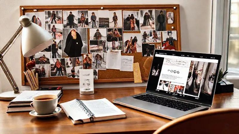 A fashion blogger's meticulously organized desk setup, featuring a large mood board adorned with diverse street style photos, a laptop displaying a blog post draft, a stylish notebook, and a cup of artisanal coffee. The scene is bathed in soft, natural light, professional photography, 8K, cinematic lighting, sharp focus on the mood board and laptop screen, depth of field blurring the background, shot on a high-end DSLR.