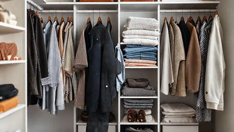 A person thoughtfully organizing a minimalist, well-curated wardrobe, with neatly folded clothes and accessories arranged by color and type. The scene should be calming and organized, reflecting a clear sense of personal style. Photorealistic, professional photography, 8K, cinematic lighting, sharp focus on the organized wardrobe, depth of field blurring the background, shot on a high-end DSLR.