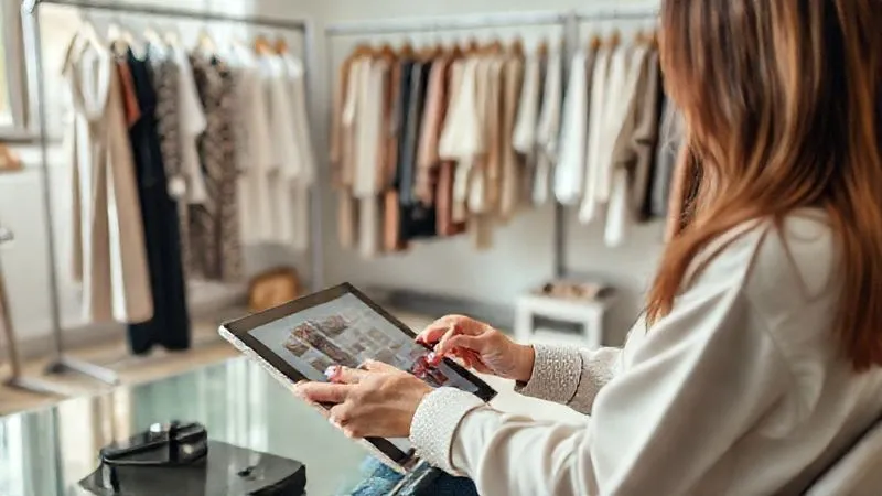 A fashion blogger efficiently planning content on a sleek digital tablet, surrounded by organized clothing racks and a clean, aesthetically pleasing workspace. The scene should convey productivity and calm, with soft, natural light. Photorealistic, professional photography, 8K, cinematic lighting, sharp focus on the tablet and the blogger's hands, depth of field blurring the background, shot on a high-end DSLR.