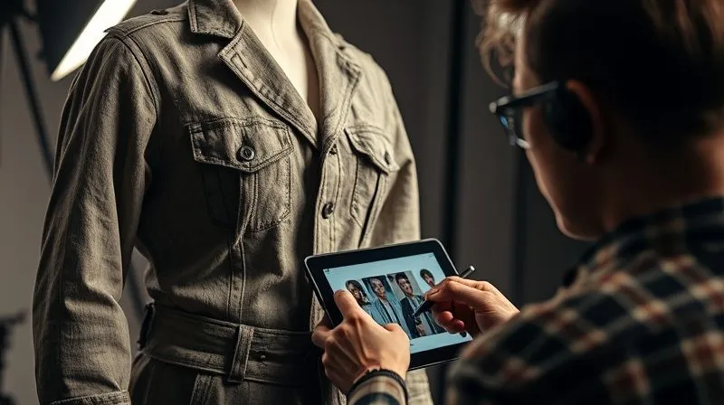 A close-up, photorealistic shot of a costume designer meticulously photographing a heavily distressed costume on a mannequin, with professional studio lighting. A digital tablet displays detailed reference images. 8K, cinematic lighting, sharp focus, depth of field, shot on a high-end DSLR.