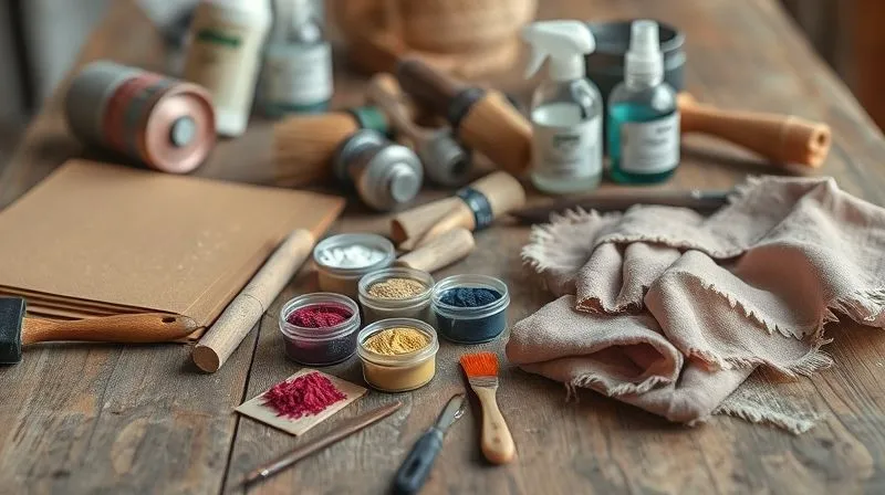 A highly detailed, photorealistic close-up of various distressing tools and materials on a worn wooden table: sandpaper, wire brushes, spray bottles, small containers of pigment powders, fabric dyes, and a selection of torn fabric swatches. Cinematic lighting, sharp focus, depth of field, 8K, shot on a high-end DSLR.