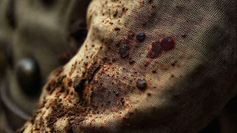 photorealistic, professional photography, 8K, cinematic lighting, extreme close-up, sharp focus on a section of a historically accurate costume, showcasing highly realistic, simulated dried mud splatters and subtle bloodstains on aged fabric. The texture and color are meticulously rendered, with depth of field blurring the surrounding fabric. Shot on a high-end DSLR, emotional resonance of gritty realism and meticulous detail.