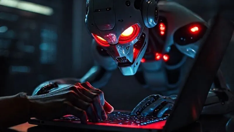 A menacing, futuristic digital bot figure with glowing red eyes, looming over a human hand trying to click a 'buy' button on a laptop screen, in a dimly lit, high-tech setting, photorealistic, professional photography, 8K, cinematic lighting, sharp focus, depth of field, shot on a high-end DSLR.