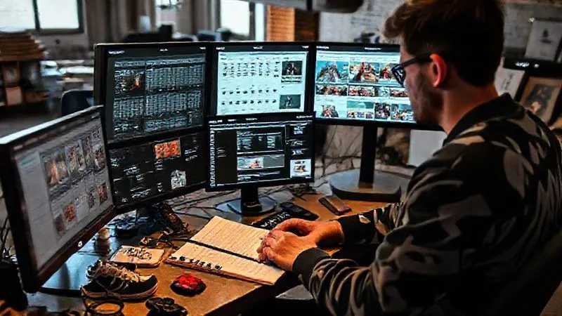 A person meticulously studying multiple computer screens displaying release calendars, forum discussions, and product images, surrounded by streetwear items and a notepad, in a focused, strategic pose, urban loft setting, photorealistic, professional photography, 8K, cinematic lighting, sharp focus, depth of field, shot on a high-end DSLR.