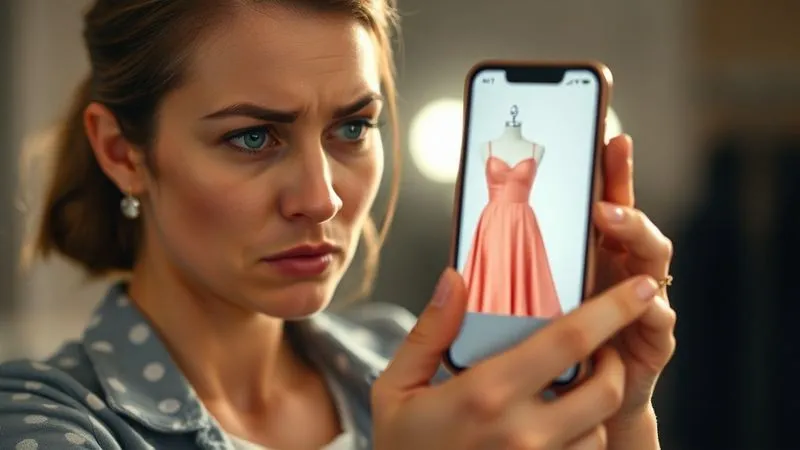 photorealistic, professional photography, 8K, cinematic lighting, sharp focus, depth of field, shot on a high-end DSLR, a frustrated woman looking at a smartphone screen displaying a poorly fitting augmented reality dress, her expression conveying disappointment and hesitation, a subtle glow around the phone screen highlighting the digital interaction.
