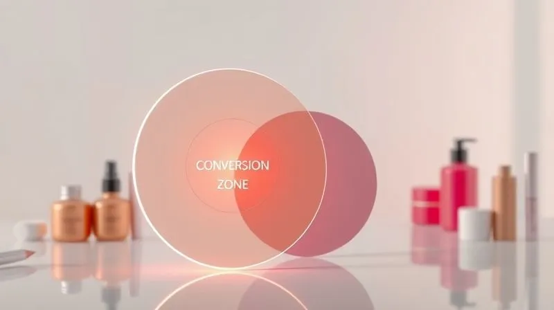 A photorealistic infographic showing a Venn diagram with overlapping circles representing 'Brand Target Audience' and 'Influencer Audience', with a glowing intersection highlighting 'Conversion Zone'. The background is clean and professional, with subtle beauty product hints. Professional photography, 8K, cinematic lighting, sharp focus, depth of field.