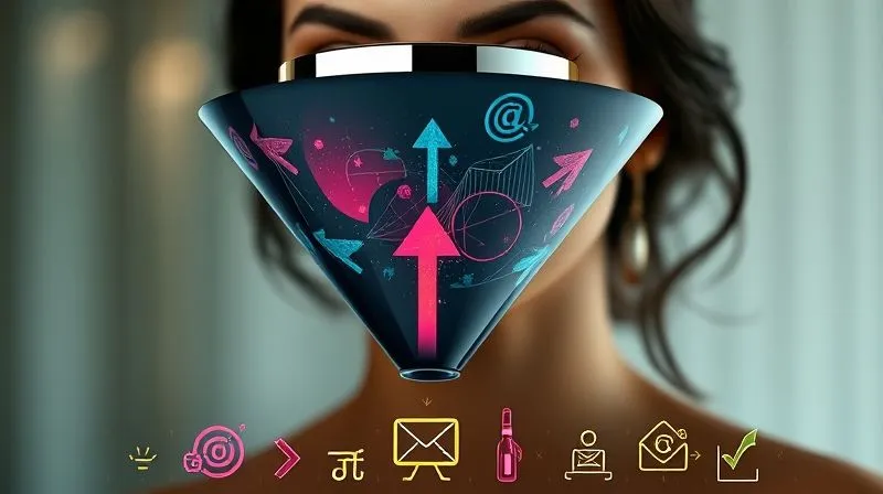 A photorealistic visualization of a sales funnel, with a beauty product at the top, an influencer's face subtly integrated, and conversion arrows flowing downwards. Below the funnel, a series of targeted digital ads and email icons represent retargeting efforts. Professional photography, 8K, cinematic lighting, sharp focus on the flow, depth of field.