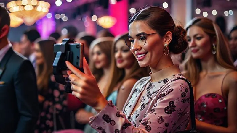 A photorealistic image of a fashion blogger expertly capturing content at a vibrant fashion show, holding a smartphone with a gimbal, surrounded by elegant attendees. The focus is on the blogger's engaged expression and the dynamic energy of the event, 8K, cinematic lighting, sharp focus, depth of field, shot on a high-end DSLR.