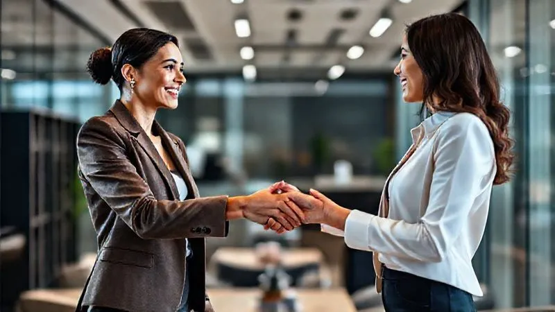 A photorealistic image of two professionals, one a fashion blogger and the other a brand representative, engaged in a confident and amicable negotiation in a sleek modern office. They are shaking hands with a subtle smile, indicating a successful agreement. Cinematic lighting, sharp focus on their hands and faces, depth of field blurring the background, 8K hyper-detailed, shot on a high-end DSLR.