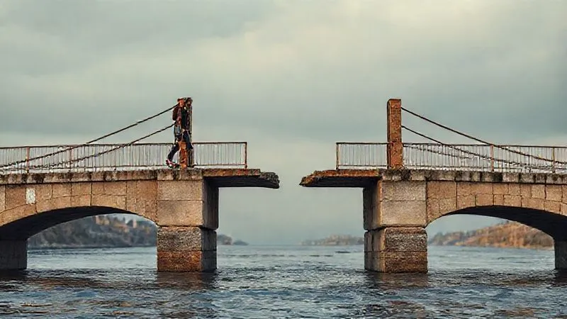 A photorealistic image of a broken bridge symbolizing neglected relationships, with one side representing a fashion blogger and the other a brand. The bridge is incomplete, highlighting missed opportunities, 8K, cinematic lighting, sharp focus, depth of field, shot on a high-end DSLR.