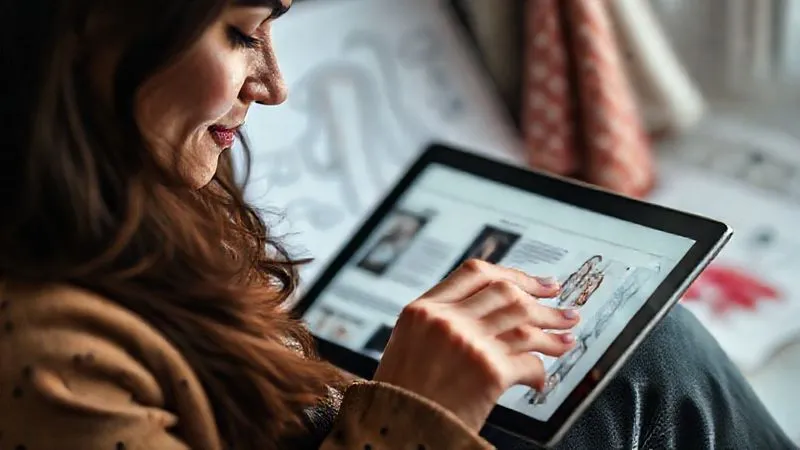 A photorealistic close-up of a thoughtful person scrolling through a fashion blog on a tablet, a slight smile on their face, surrounded by blurred fashion elements like sketches and fabric swatches, cinematic lighting, 8K hyper-detailed, professional photography.