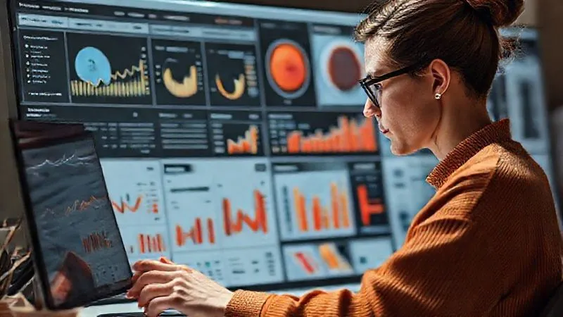 A photorealistic representation of a blogger analyzing a complex dashboard with various data visualizations (charts, graphs, heatmaps), a focused and thoughtful expression, surrounded by subtle fashion mood board elements like fabric swatches and color palettes, cinematic lighting, 8K hyper-detailed, professional photography.