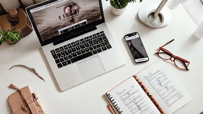 A photorealistic flat lay of a perfectly organized desk with a laptop displaying a fashion blog's homepage, a smartphone showing active social media engagement (likes, comments), a stylish notebook with content ideas, and fashion accessories like a chic watch and designer sunglasses, all bathed in soft, natural light, 8K hyper-detailed, professional photography.