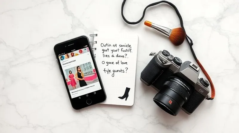 A photorealistic, vibrant flat lay of various interactive fashion content elements: a smartphone displaying a fashion poll, a small notebook with open-ended style questions, a camera capturing a user-generated outfit, and a 'behind the scenes' makeup brush, all arranged artfully on a chic marble surface. Professional photography, 8K, cinematic lighting, sharp focus, depth of field, shot on a high-end DSLR.