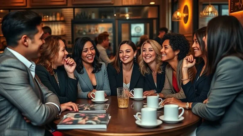 A photorealistic image of a diverse group of stylish individuals gathered in a cozy, chic cafe setting, engaged in lively conversation and laughter around a table adorned with fashion magazines and coffee cups. The atmosphere is warm, inviting, and exclusive, with soft, intimate lighting. Professional photography, 8K, cinematic lighting, sharp focus on the group, depth of field, shot on a high-end DSLR.