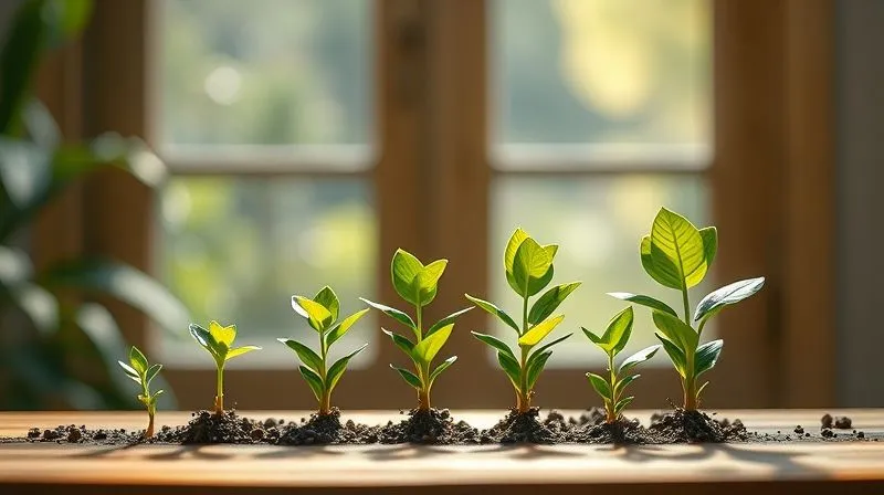 A photorealistic image depicting a lush green plant, starting as a small sprout and growing progressively larger and more vibrant over several stages, symbolizing consistent effort and growth over time. The background is a gently blurred, sunlit window. Professional photography, 8K, cinematic lighting, sharp focus on the plant stages, depth of field, shot on a high-end DSLR.