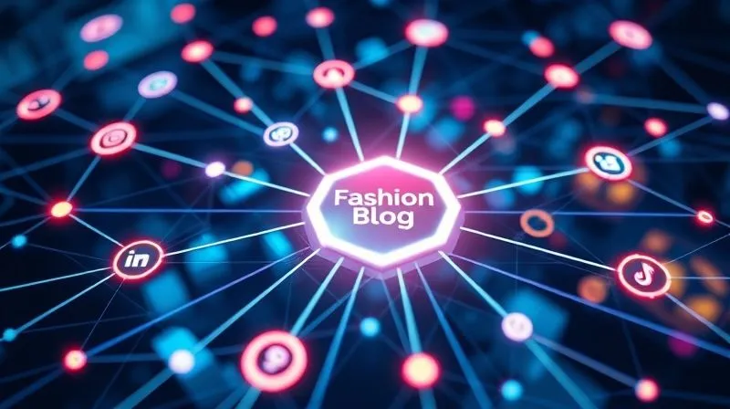 A photorealistic, dynamic aerial shot of interconnected digital platforms represented by glowing lines and nodes, with a central, brighter node symbolizing the fashion blog, and various smaller nodes (Instagram, TikTok, Pinterest) feeding into it. The scene is futuristic and energetic, with a subtle fashion element in the background. Professional photography, 8K, cinematic lighting, sharp focus on the network, depth of field, shot on a high-end DSLR.