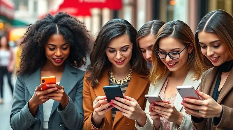 photorealistic, professional photography, 8K, cinematic lighting, sharp focus, depth of field, shot on a high-end DSLR. A diverse group of stylish individuals, each engrossed in their smartphone, their faces reflecting various emotions like inspiration, curiosity, and excitement as they scroll through fashion content. The background is a soft blur of a vibrant city street or a chic cafe, emphasizing the ubiquitous nature of social media engagement.