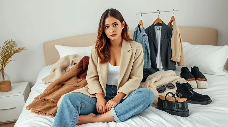 photorealistic, professional photography, 8K, cinematic lighting, sharp focus, depth of field, shot on a high-end DSLR. A fashion blogger elegantly presenting a versatile capsule wardrobe, with various mix-and-match outfits laid out on a stylish bed or mannequin. The lighting highlights the quality of the fabrics and the thoughtful curation, emphasizing practicality and style.