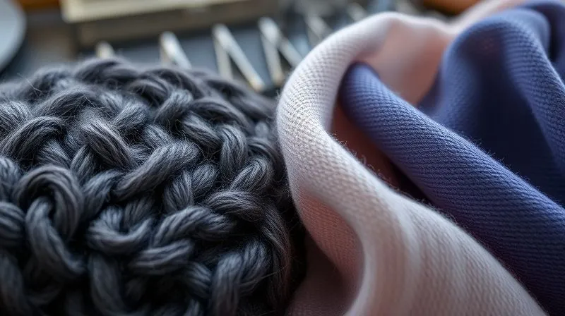 Photorealistic, professional photography, 8K, cinematic lighting, sharp focus on two fabric swatches side-by-side: one a heavily textured, coarse, dark wool and the other a thin, translucent, pale silk, depth of field blurring a background of sewing tools, shot on a high-end DSLR, emphasizing contrast in texture and weight.