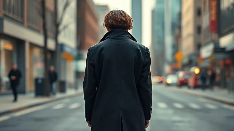 Photorealistic, professional photography, 8K, cinematic lighting, sharp focus on a person (back to camera) wearing a visibly ill-fitting, slightly too large, dark-colored coat, shoulders slumped, standing in a desolate, urban environment, depth of field blurring the background, shot on a high-end DSLR, conveying a sense of isolation and being overwhelmed.