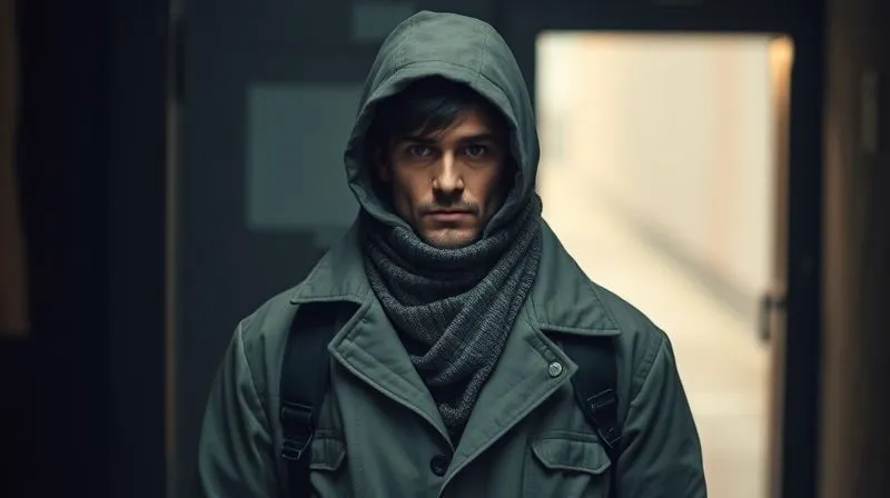 Photorealistic, professional photography, 8K, cinematic lighting, sharp focus on a person (face partially obscured by shadow) wearing multiple, slightly mismatched and heavy layers of clothing, including a high-collared jacket and a scarf, standing in a dimly lit, enclosed space, depth of field blurring the background, shot on a high-end DSLR, conveying a sense of being hidden and burdened.