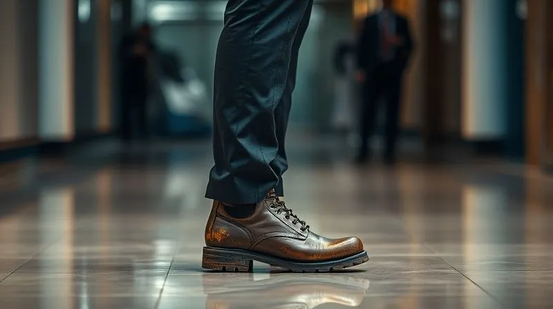 Photorealistic, professional photography, 8K, cinematic lighting, sharp focus on a meticulously dressed businessman in a pristine suit, but with a single, mud-splashed, worn hiking boot visible beneath his trouser leg, standing on a polished floor, depth of field blurring the background, shot on a high-end DSLR, conveying a stark contrast and hidden past.