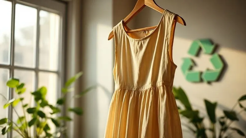 A photorealistic image of a vintage dress hanging on a wooden hanger, with a soft, natural light filtering through a window. In the background, out of focus, are green plants and a recycling symbol, subtly conveying sustainability and natural elegance. Cinematic lighting, sharp focus on the dress, depth of field, 8K hyper-detailed, shot on a high-end DSLR.