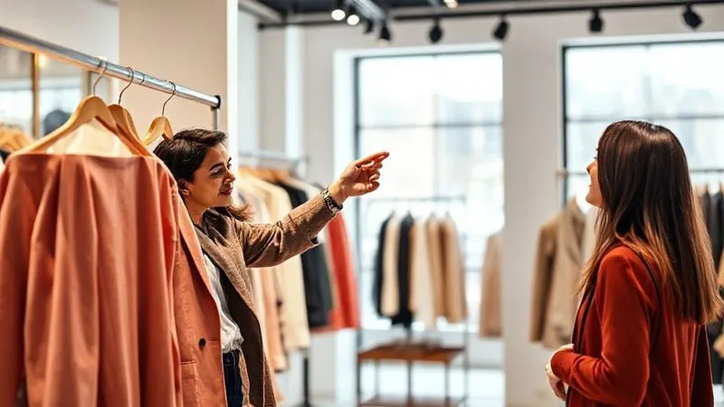 A photorealistic, professional image of a fashion consultant warmly engaging with a client in a chic, minimalist boutique setting. The consultant is pointing to a vintage garment on a rail, explaining its features with an open, friendly gesture. The client looks intrigued and attentive. Cinematic lighting, sharp focus on the interaction, depth of field, 8K hyper-detailed, shot on a high-end DSLR.